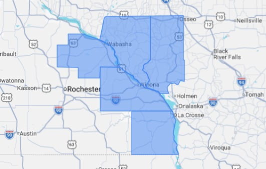 Winona and surrounding southeastern Minnesota / La Crosse area service map